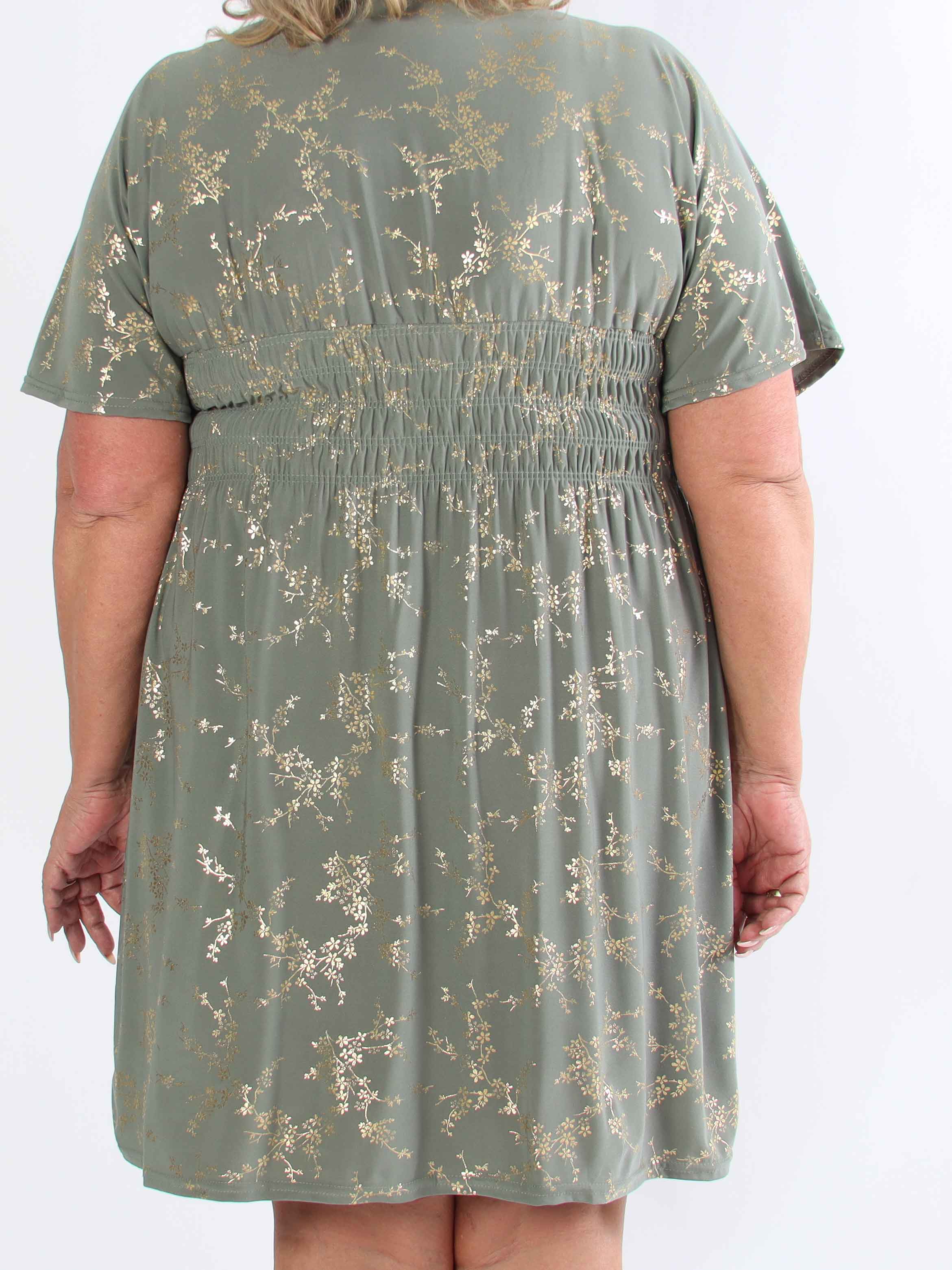 Pams Gold Short - Elastisk plus size kjole detaljeret med guld blomster